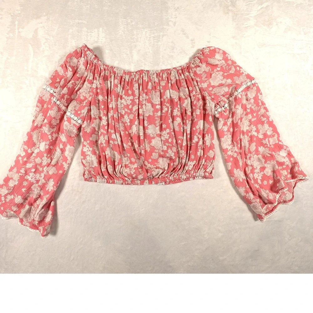 C & V Girls Floral Smocked Peasant Tops Lot of 3 Pink Blue Cream Boho Size XL - Picture 9 of 16